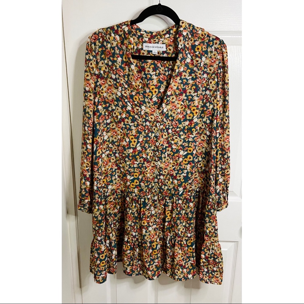 Emma & Michele Women's Sz Large Multicolor Floral Dress V Neck